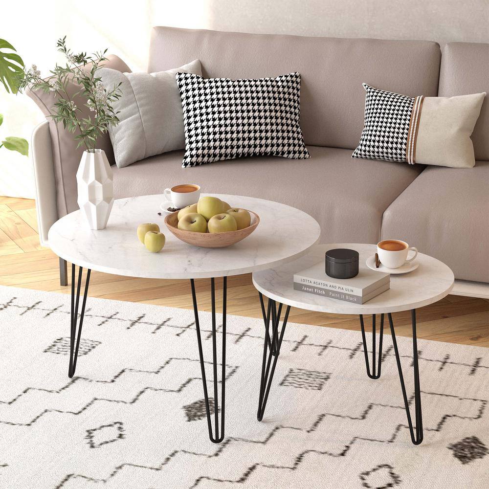 White Faux Marble Round Nesting Coffee Table Set with Metal Legs