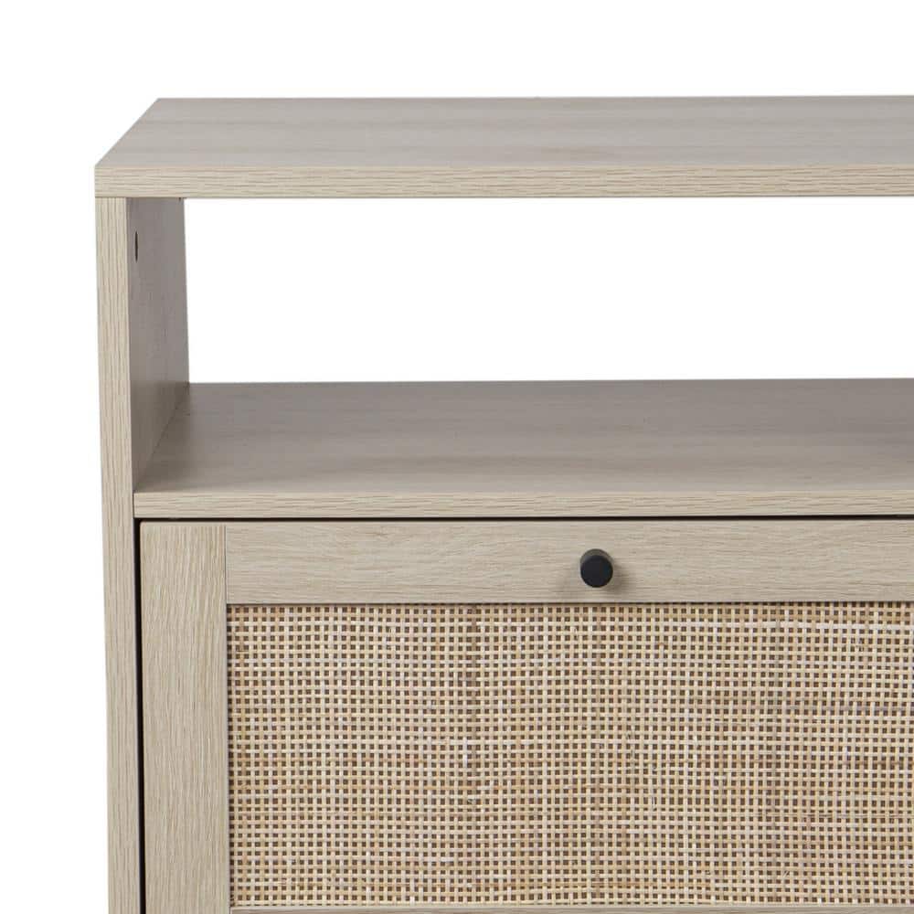 Mina Light Oak and Rattan Nightstands with Black Metal Legs, Set of 2
