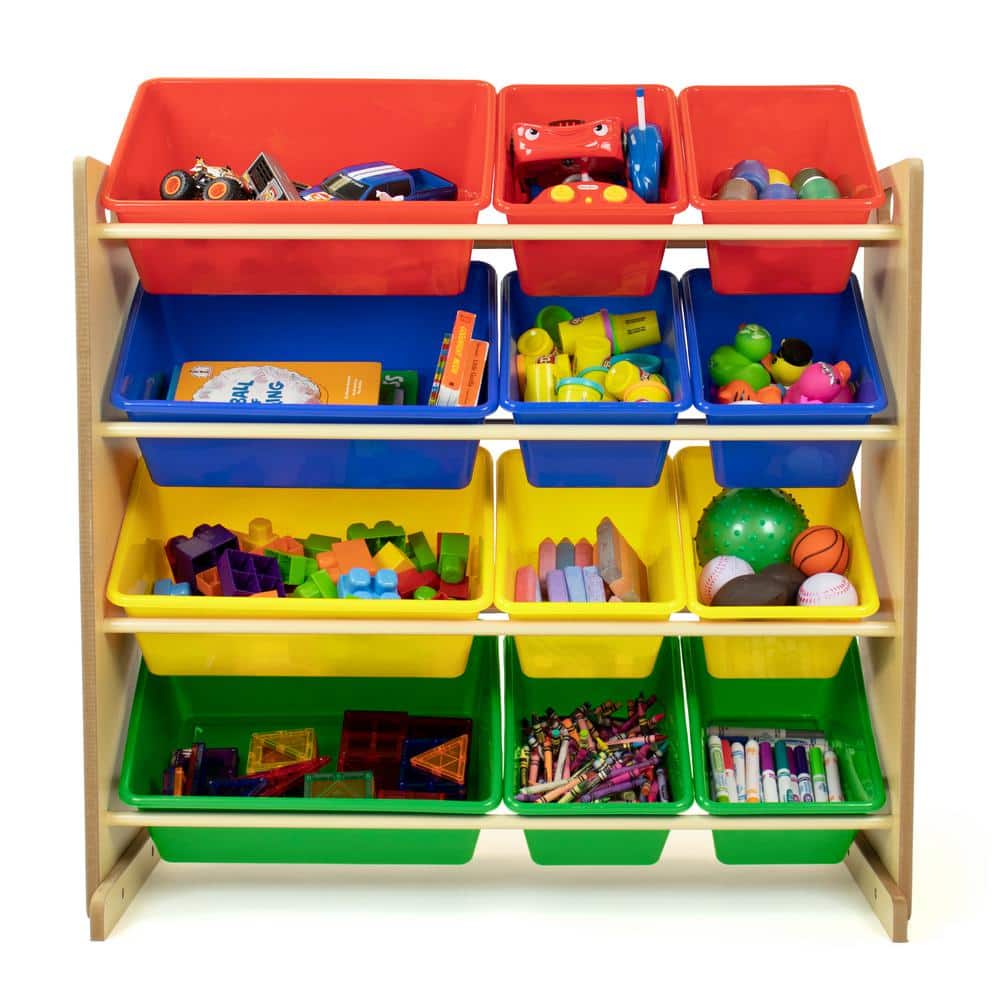 Natural Wood Kids Toy Storage Organizer with 12 Colorful Bins