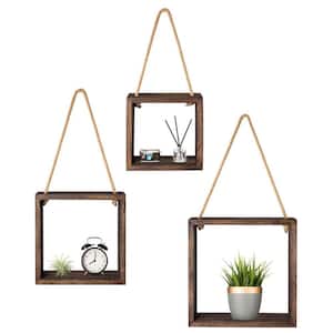 10 in. W x 3.5 in. D Brown wood Hanging Square Floating Shelves Wall Mounted (Set of 3) Boho Decor Decorative Wall Shelf