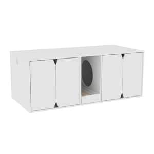 Cat Litter Box Enclosure Furniture for 2 Cats, Indoor Large Modern Wooden 4-Door Cat Washroom with Double Room, White