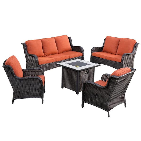 XIZZI Vincent Brown 5-Piece Wicker Patio Fire Pit Outdoor Seating Sofa Set and with Orange Red Cushions