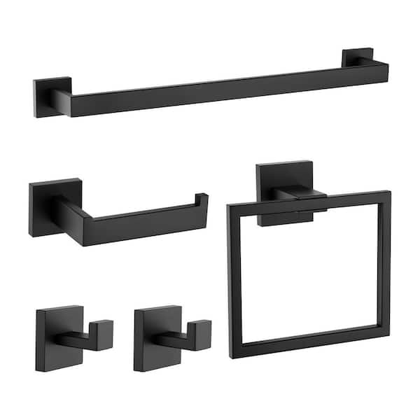 Unbranded 5-Piece Wall Mounted Bathroom Hardware Set with 16 in. Towel Bar Towel Ring Hooks and Toilet Paper Holder in Matte Black