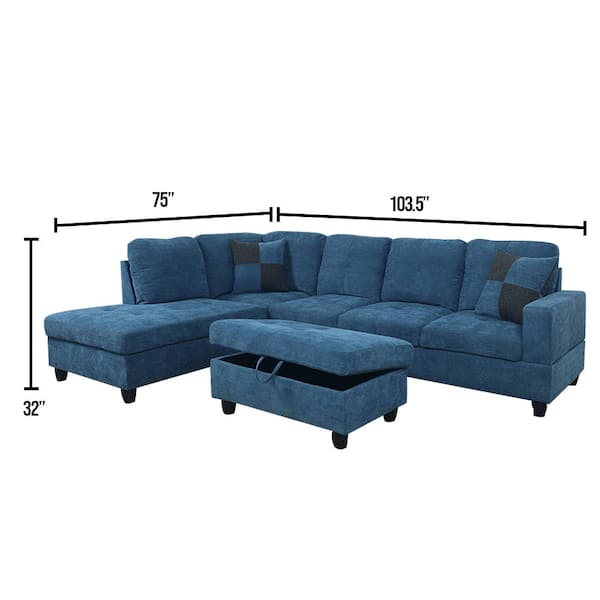 Star Home Living 3 Piece Dark Blue, Right Facing Chaise Sectional Sofa