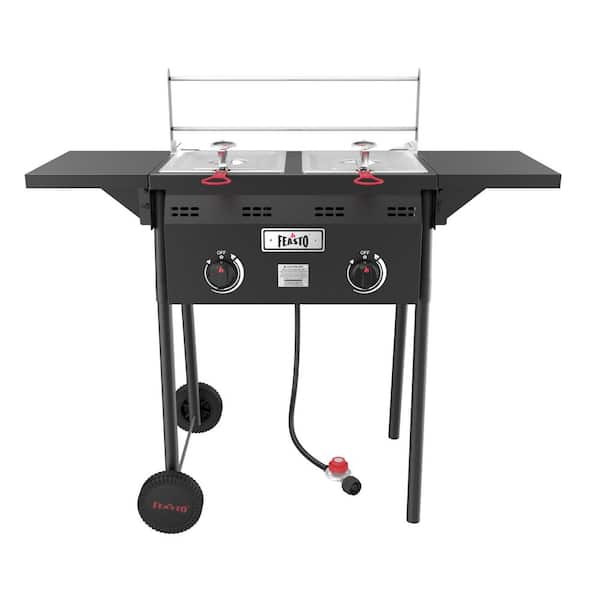 16Qt. Outdoor Propane Deep Fryer and Dual Tank with Dual Independent Cast Iron Burners with Double Fry Baskets, Black