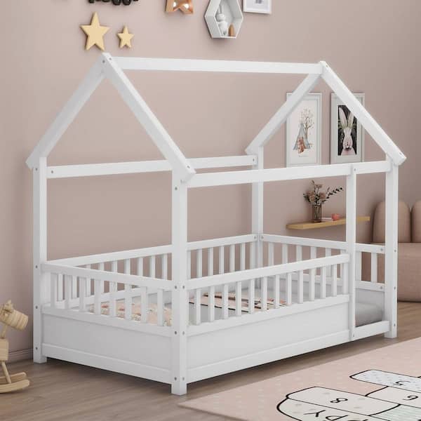 White Wooden Twin Size Floor Bed Frame with House Roof Frame