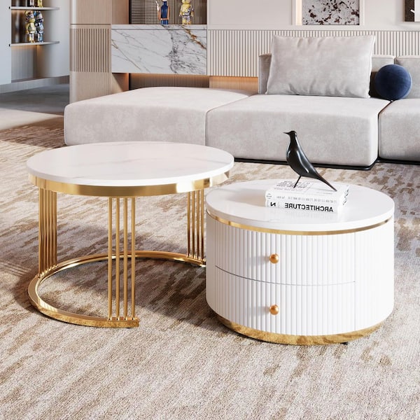 Modern 2 Pieces 27.6 in. White Round MDF Nesting Coffee Table with ...
