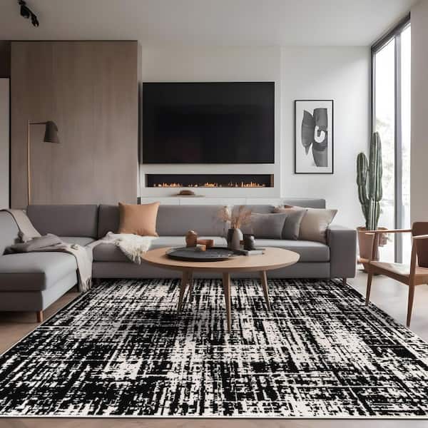 Atlas Black 9 ft. x 12 ft. Rubber Back Washable Modern Canvas Indoor Outdoor Area Rug