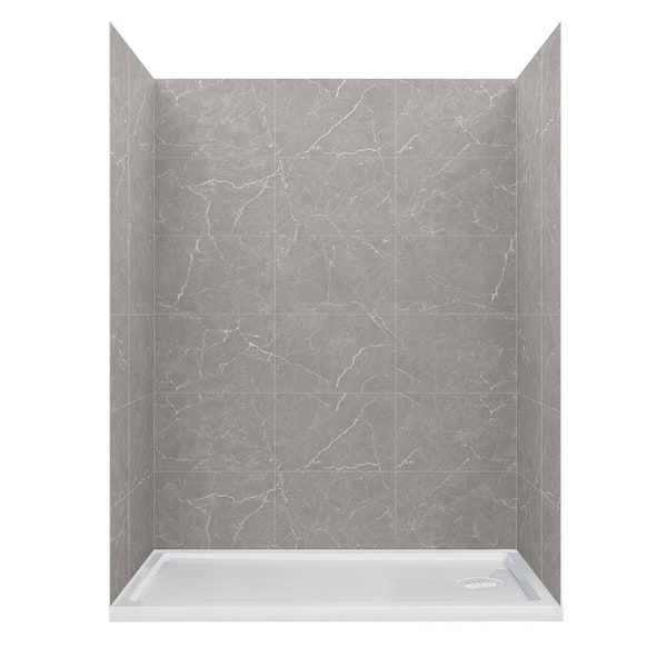 60 in. L 32 in. W 78 in. H 2 Piece Alcove Shower Kit with Glue Up Shower Wall and Shower Pan in Polished Grey Marble