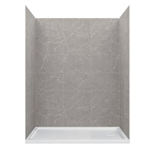 60 in. L 32 in. W 78 in. H 2 Piece Alcove Shower Kit with Glue Up Shower Wall and Shower Pan in Polished Grey Marble