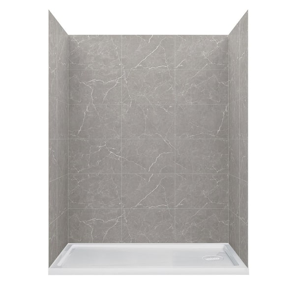 CRAFT + MAIN 60 in. L 32 in. W 78 in. H 2 Piece Alcove Shower Kit with Glue Up Shower Wall and Shower Pan in Polished Grey Marble