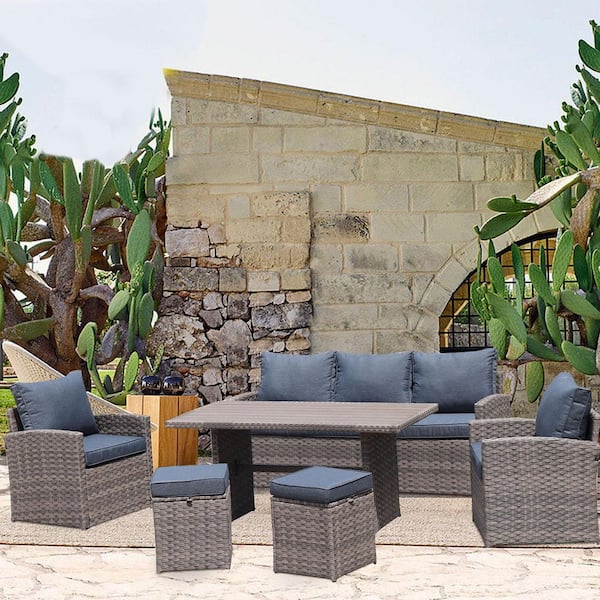 Tunearary 6-Piece Wicker PE Rattan Outdoor Sofa Sectional Set with Cushions Patio Coffee Table Brown