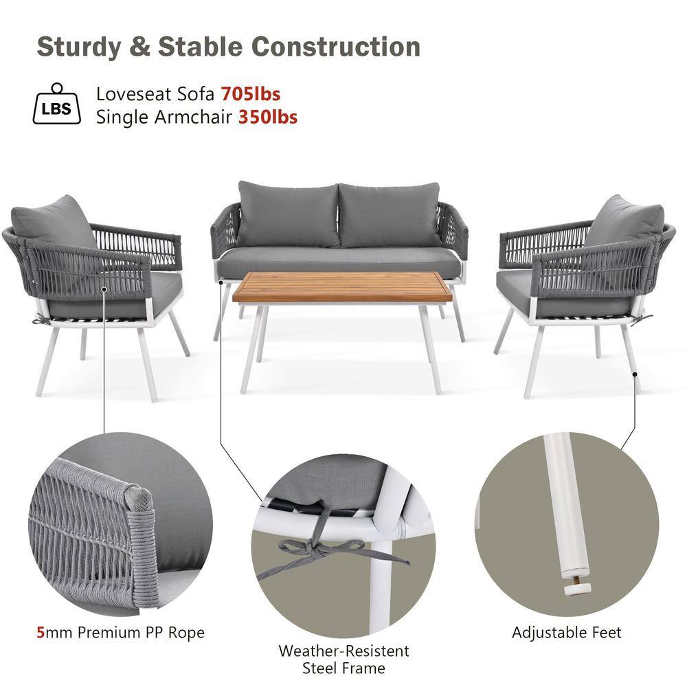 Gray Rope and White Iron Patio Furniture Set with Acacia Wood Table