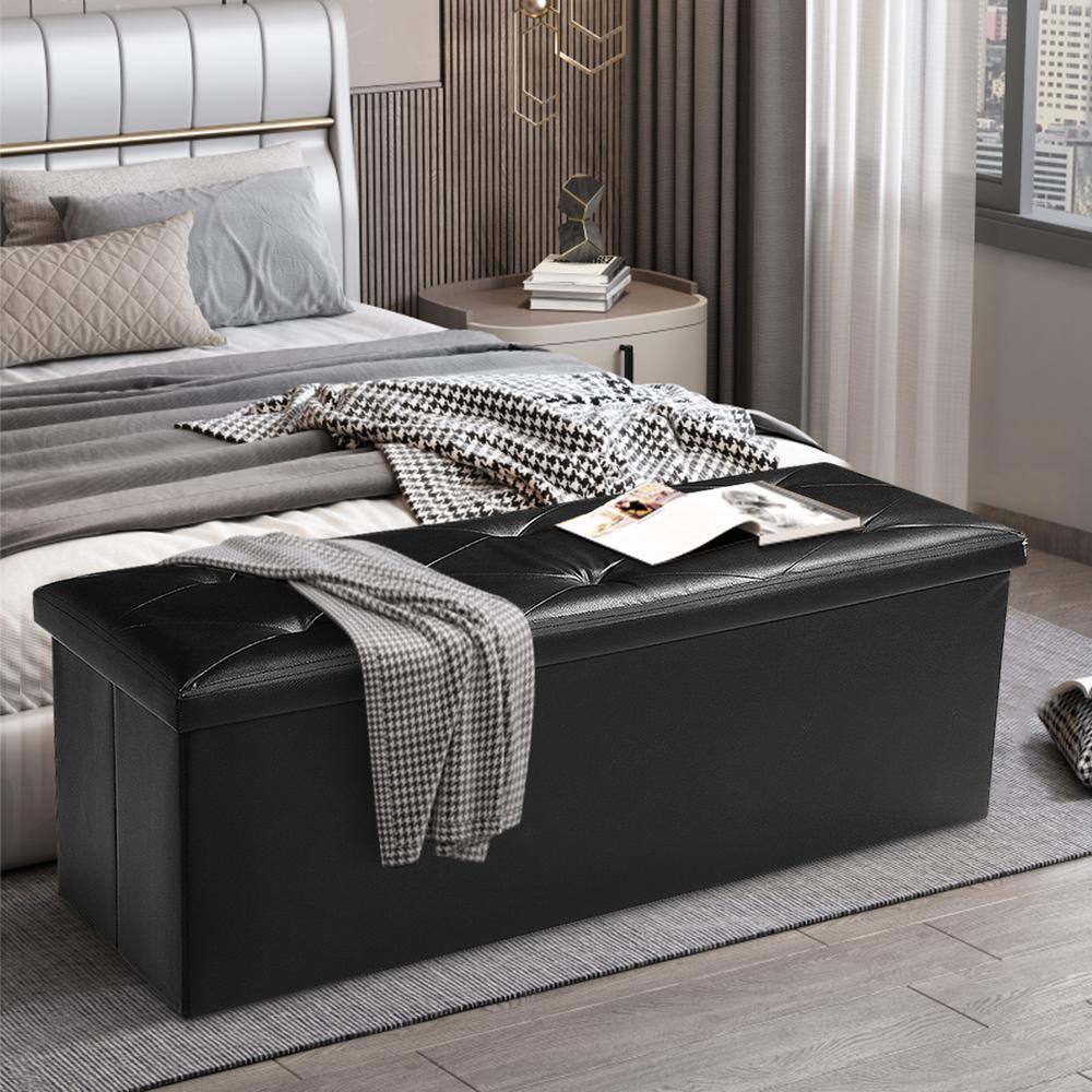 43 in. Black Faux Leather Foldable Storage Ottoman Bench with Large Storage Space Diagonal Stitching