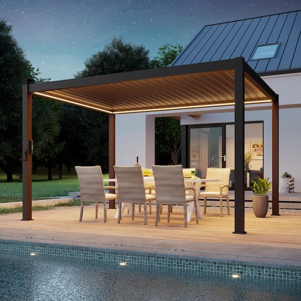 Sonkuki Titan Series 10 ft. x 13 ft. LED Aluminized Steel Louvered Pergola Modern Outdoor Pergola with Adjustable Roof, Brown