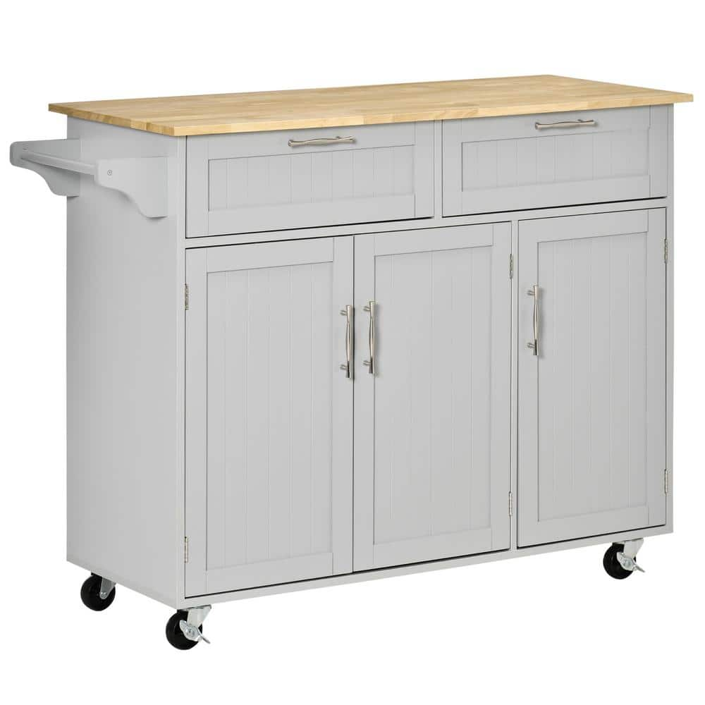 Gray Wood 47.75 in. Modern Rolling Kitchen Island Utility Kitchen Cart with 2 Drawers and 3-Door Storage Cabinet