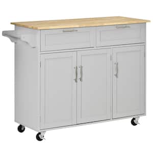 Gray Wood 47.75 in. Modern Rolling Kitchen Island Utility Kitchen Cart with 2 Drawers and 3-Door Storage Cabinet