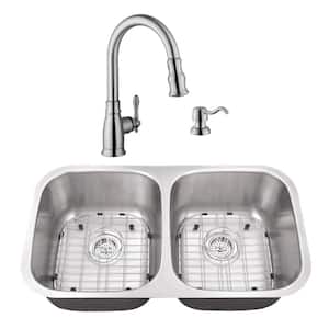 Undermount Stainless Steel 32-1/4 in. 50/50 Double Bowl Kitchen Sink with Brushed Nickel Faucet