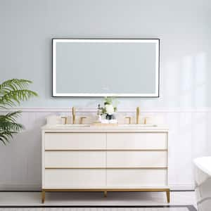 60 in. W x 22 in. D x 35 in. H Solid Wood Bath Vanity in White Qt. Top, Double Sink, Mirror Light, Plug