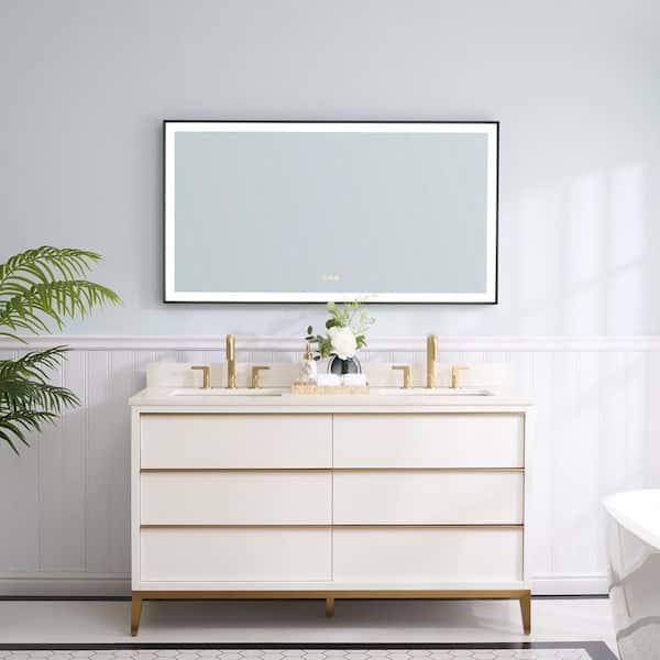 ANGELES HOME 60 in. W x 22 in. D x 35 in. H Solid Wood Bath Vanity in White Qt. Top, Double Sink, Mirror Light, Plug