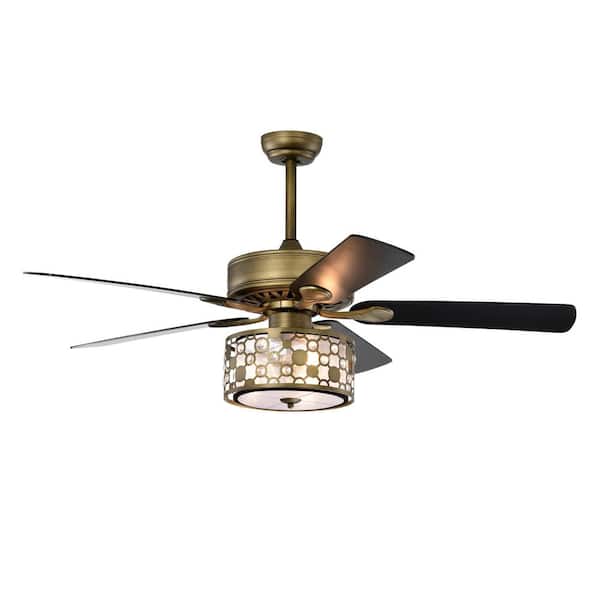 PUDO 52 in. Ornate Indoor Antique Brass Ceiling Fan Lighting with Adjustable Height and Crystal Shade