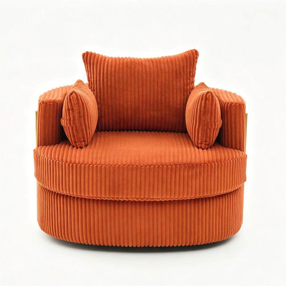 Modern Orange Corduroy 360°  Swivel Metal Frame Round Barrel Chair With Hidden Storage Space And Pillows