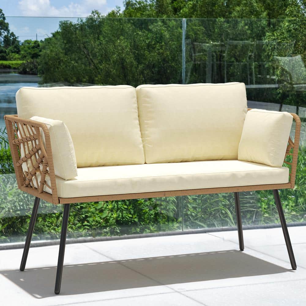 Beige Wicker and Iron Two-Seat Patio Sectional Sofa
