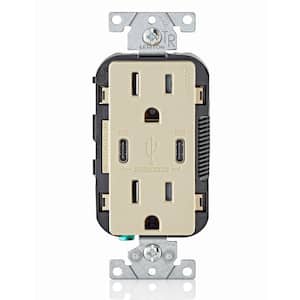 15 Amp 125-Volt Tamper-Resistant Duplex Outlet/30-Watt 6 Amp USB Dual Type-C with Power Delivery In-Wall Charger, Ivory