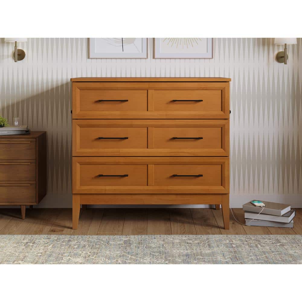 Santa Fe Light Toffee Twin Wood Murphy Bed Chest with Mattress and Charger