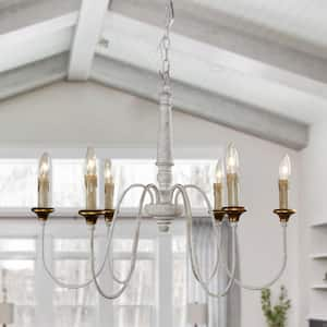 Farmhouse 6-Light Distressed White Candlestick Chandelier Dining Room Light