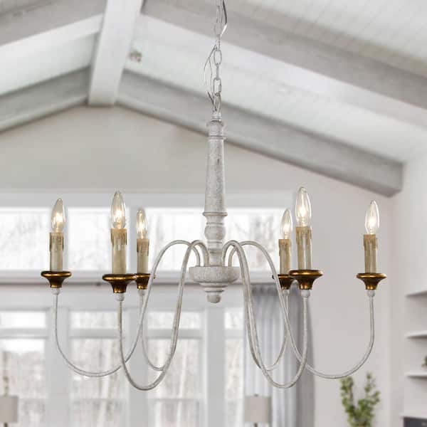Flint GARDEN Farmhouse 6-Light Distressed White Candle Chandelier