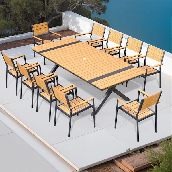 Brown 11-Piece 94 in. Aluminum Wood-Like Rectangular Patio Outdoor Dining Set with Stackable Arm-Chairs, Umbrella Hole