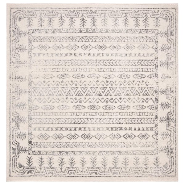SAFAVIEH Tulum Ivory/Gray 7 ft. x 7 ft. Square Striped Distressed Border Area Rug