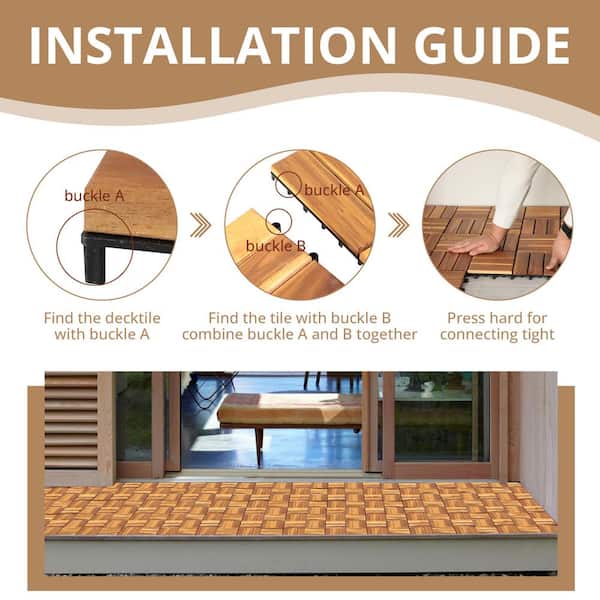 Yangming 12 in. W x 12 in. L Square Patio Natural Color Wood Interlocking Flooring Deck Tiles Mosaic Pattern (10-Pack)