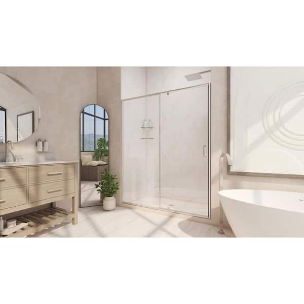 Flex 48 in. x 72 in. Semi-Frameless Pivot Shower Door in Brushed Nickel Finish with 48 in. x 36 in. Base in Biscuit