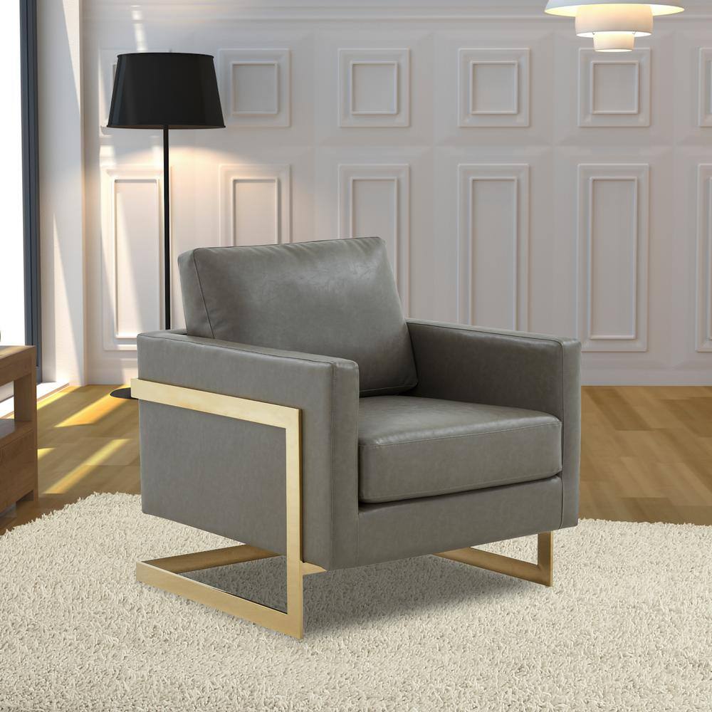 Elegant Gray Leather and Gold Metal Accent Armchair