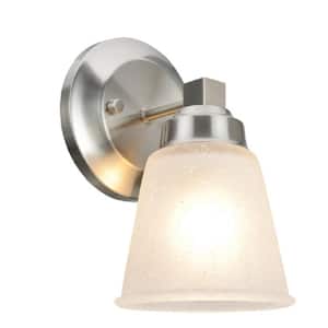 1-Light Satin Nickel Vanity Light with Clear Etched Glass Shade