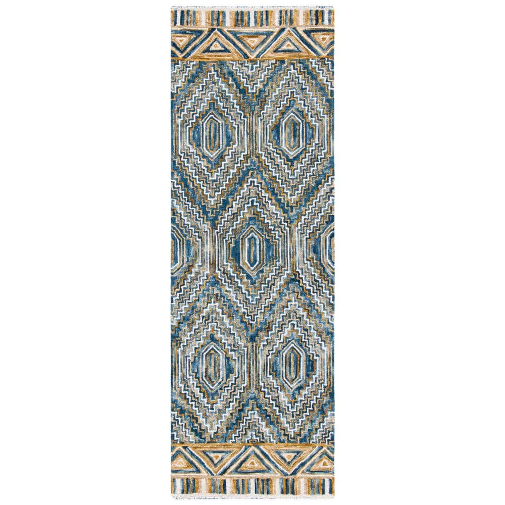 Blue and Gold Handmade Tufted Wool Runner Rug