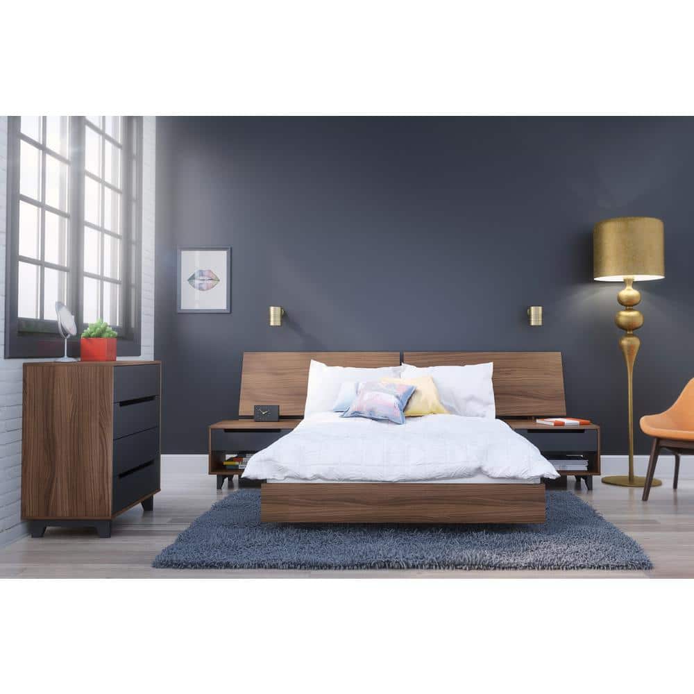 Walnut and Charcoal 1-Drawer Nightstand with Open Shelf