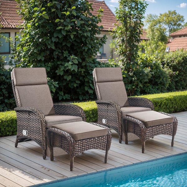 Opohoro PlainCurve 4-Piece Brown Wicker Outdoor Recliner Chairs Patio Conversation Set with Olefin Gray Cushions and Ottomans