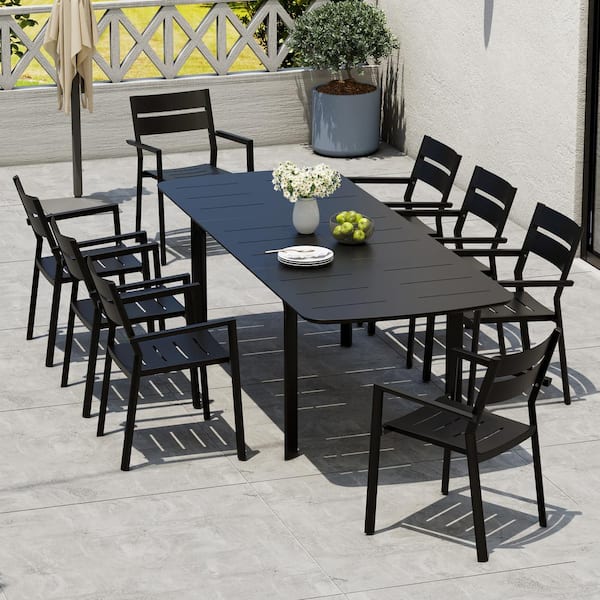 Crestlive Products Black 9-Piece Aluminum Outdoor Dining Set with 94.5 in. Extension and Armchair