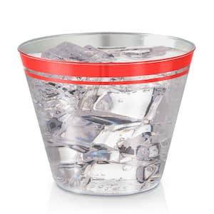 9 oz. 2 Line Red Rim Clear Disposable Plastic Cups, Party, Cold Drinks, (110/Pack)