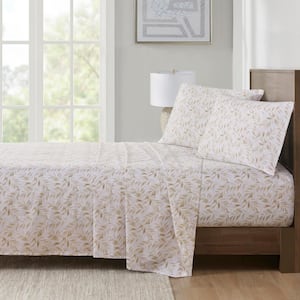 200-Thread Count Printed Cotton 4-Piece Tan Leaves Queen Sheet Set