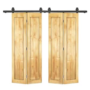 64 in. x 84 in. 1-Panel Shaker Hollow Core Weather Oak Pine Wood Double Bi-fold Door with Barn Door Hardware Kit