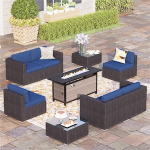 Dark Brown Rattan 9-Piece Steel Outdoor Fire Pit Patio Set with Blue Cushions,Rectangular Fire Pit Table,2 Coffee Tables