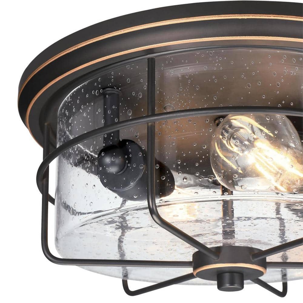 Rosella Black-Bronze 2-Light Outdoor Flush Mount with Seeded Glass