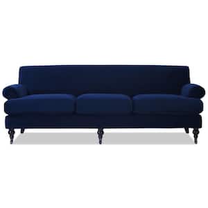 Alana 88 in. Rolled Arm Lawson French Country Velvet Three-Cushion Tightback Sofa Couch with Metal Casters in Navy Blue