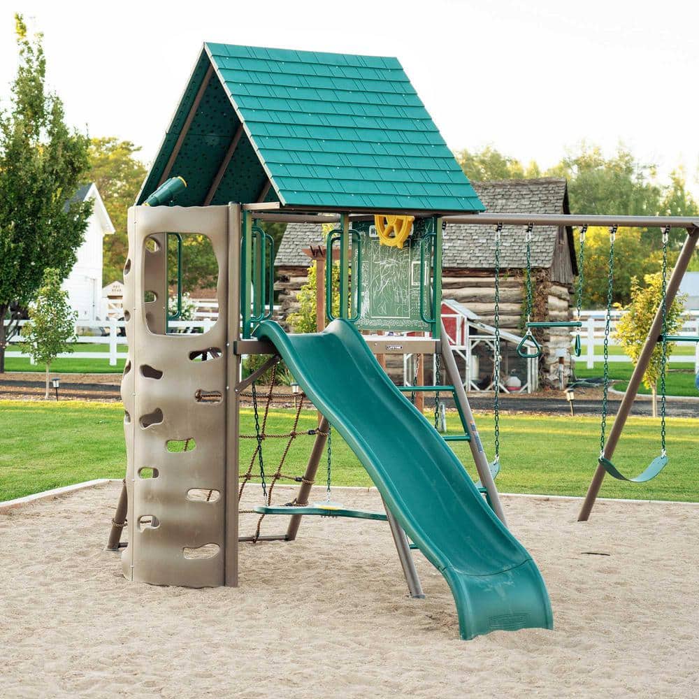Lifetime Green and Brown Metal Swing Set with Slide and Climbing Wall