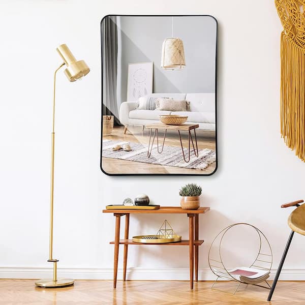 Unbranded 24 in. W x 32 in. H Modern Matte Black Metal Framed Rounded Corner Rectangular Wall Mirror