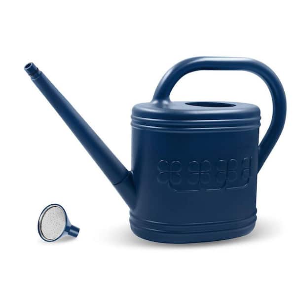 2 Gallon Dark Blue Plastic Watering Can with Removable Stainless Steel Sprinkler Head and Long Spout, 1 Piece